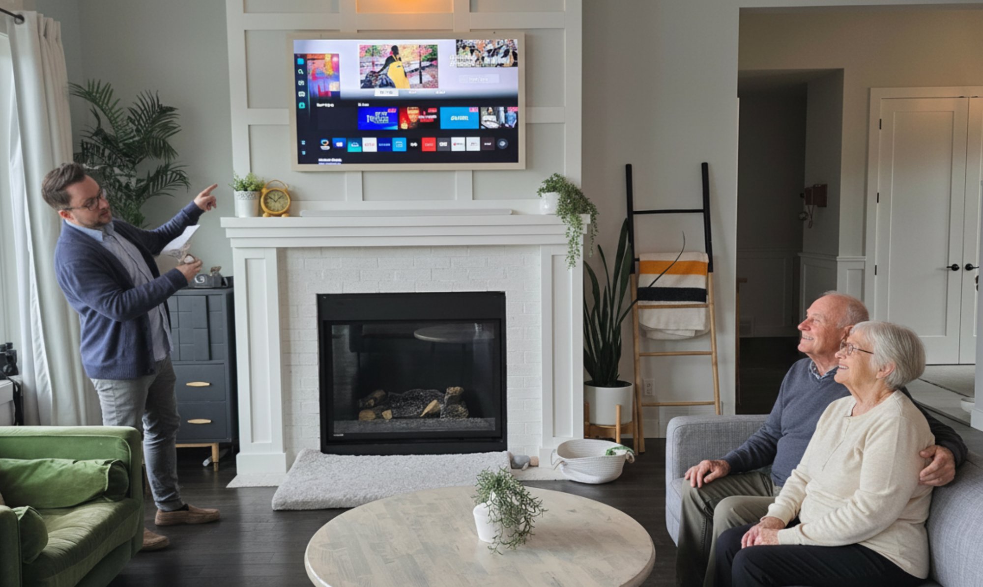 Jordan helping a senior couple set up their smart TV in their Okanagan home